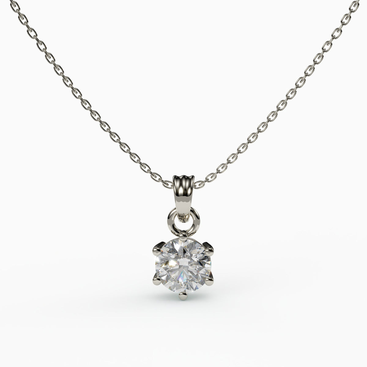 Round Cut 6-Prong Solitaire Pendant Necklace, 925 Sterling Silver