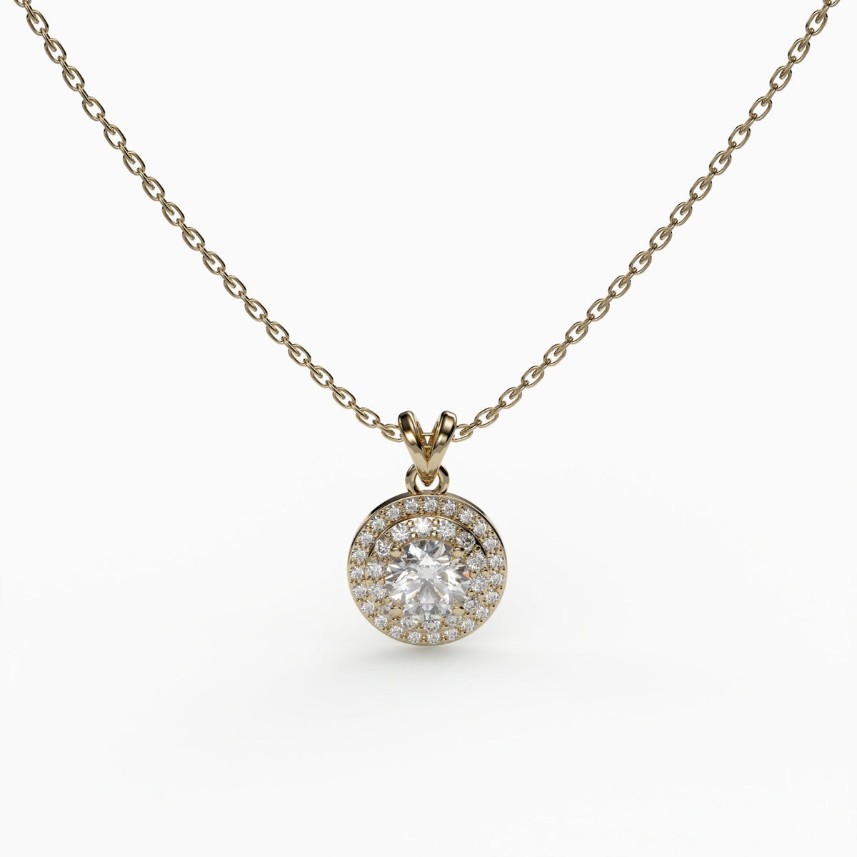 Double Halo Round Necklace, 925 Sterling Silver