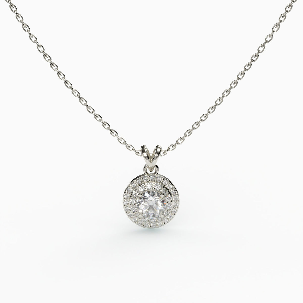 Double Halo Round Necklace, 925 Sterling Silver